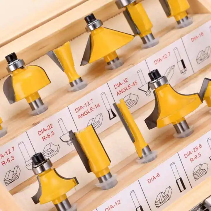 Set De 12 Fresas Vastago 1/4 de pulgada Caja De Madera Nivel Hobbista