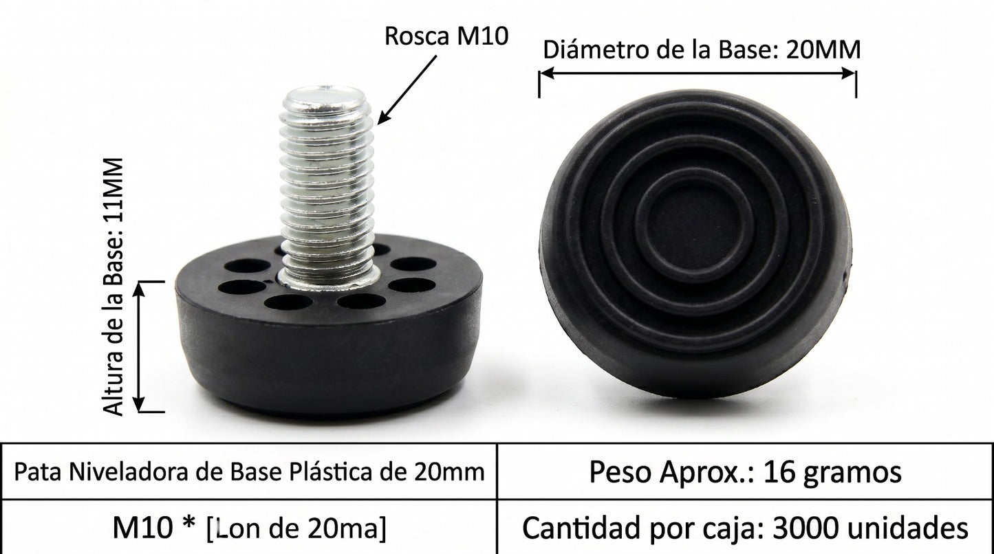 Pata rosca M10 diametro base 20mm Color Negro Pack de 4 Unidades