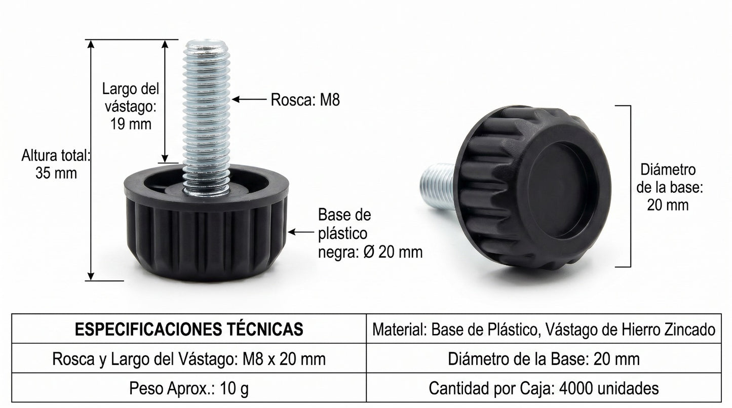 Pata rosca M8 diametro base 20mm Color Negro Pack de 4 Unidades
