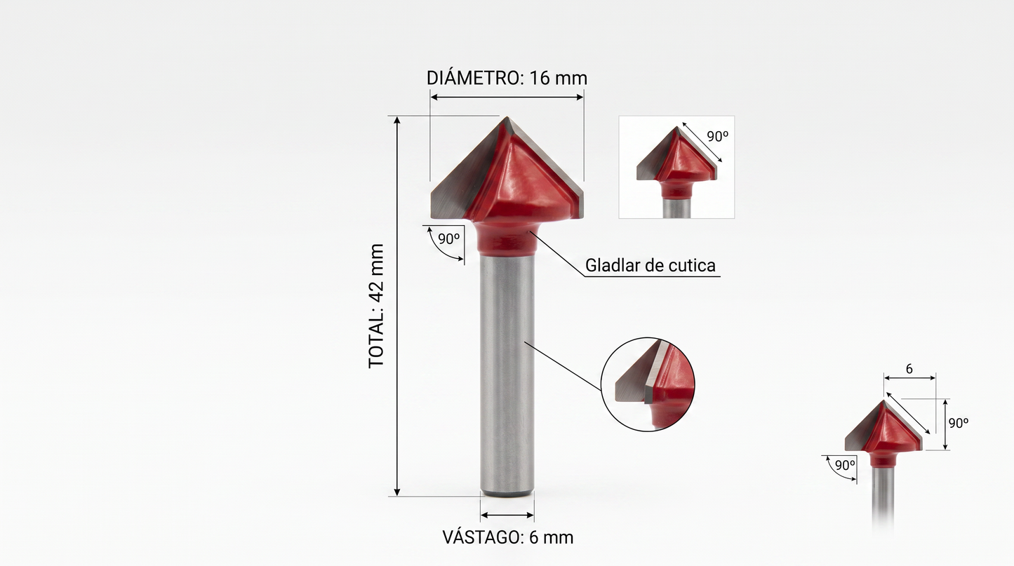 Fresa  Grabado y tallado Vastago 6mm , Diametro  cuchillas 16mm angulo 90º