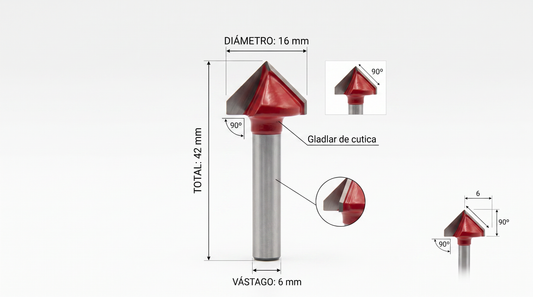 Fresa  Grabado y tallado Vastago 6mm , Diametro  cuchillas 16mm angulo 90º