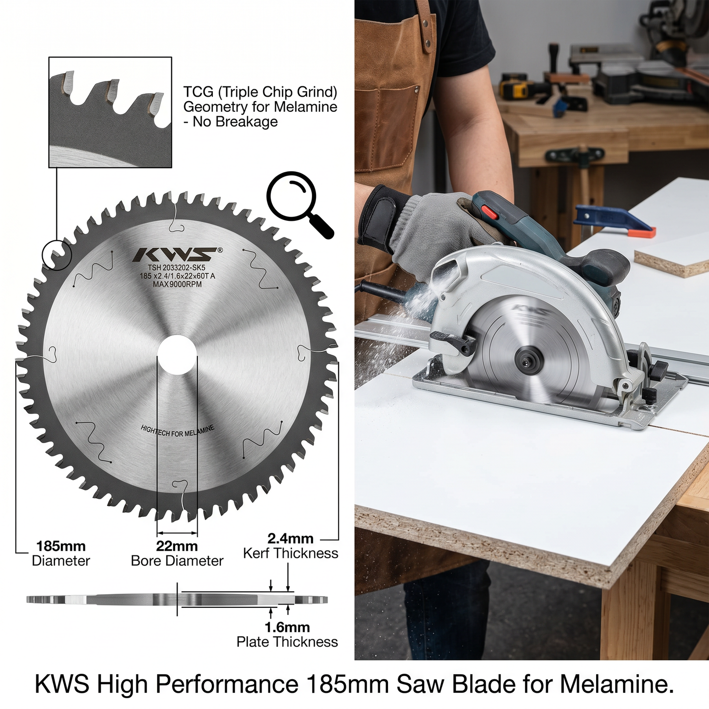 Disco de sierra KWS para melamina dos caras sin pre corte diametro 185mm (7 1/4")