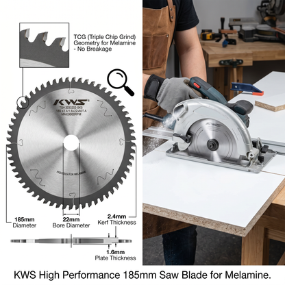Disco de sierra KWS para melamina dos caras sin pre corte diametro 185mm (7 1/4")