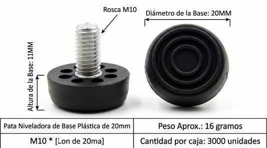Pata  rosca M10 diametro base 20mm Color Negro Pack de 4 Unidades