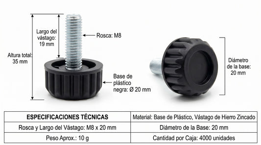 Pata  rosca M8 diametro base 20mm Color Negro Pack de 4 Unidades