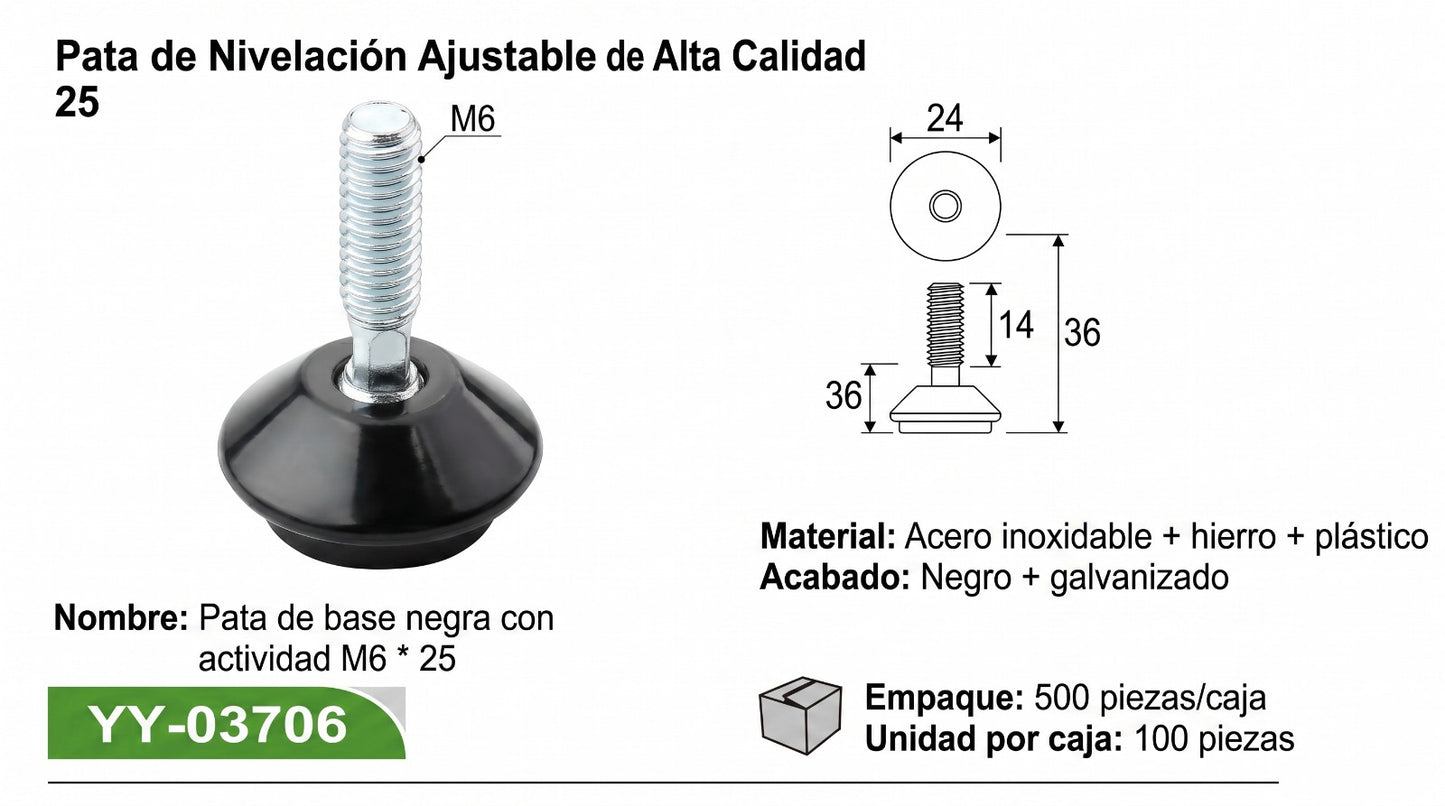 Pata  rosca M6 diametro base 24mm Color Negro Pack de 4 Unidades